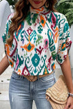 Printed Mock Neck Half Sleeve Blouse - Trendsi - Flyclothing LLC