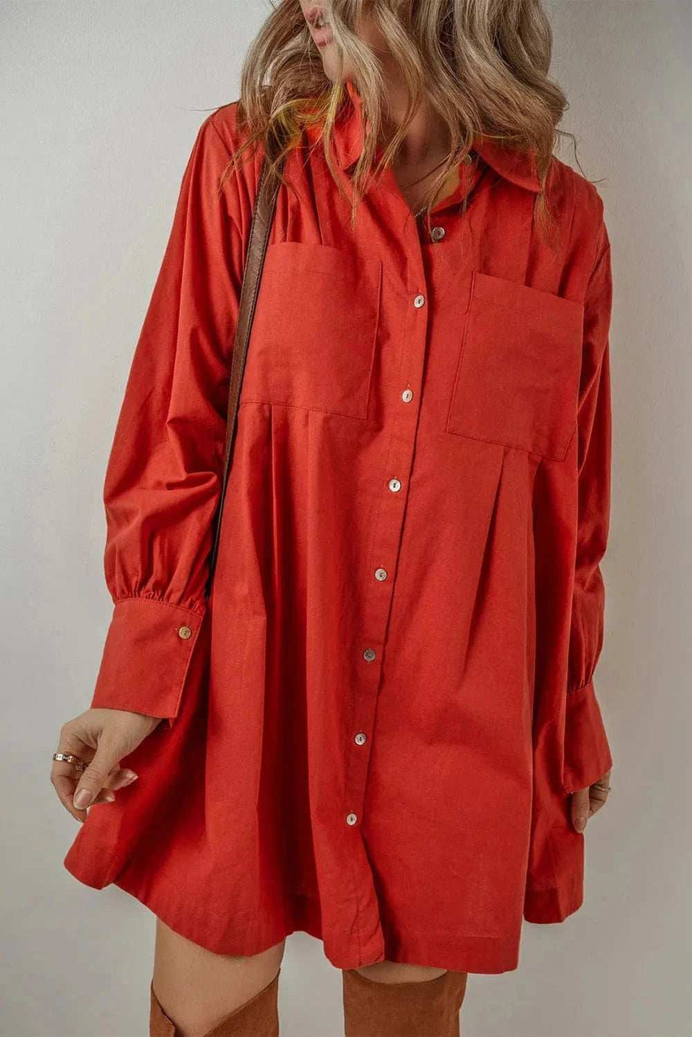 Pocketed Button Down Long Sleeve Shirt Dress - Trendsi - Flyclothing LLC