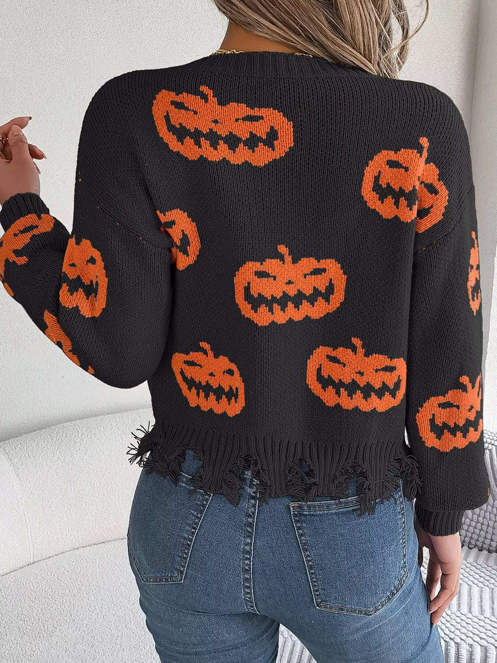 Halloween Pumpkin Pattern Raw Hem V-Neck Sweater - Trendsi - Flyclothing LLC