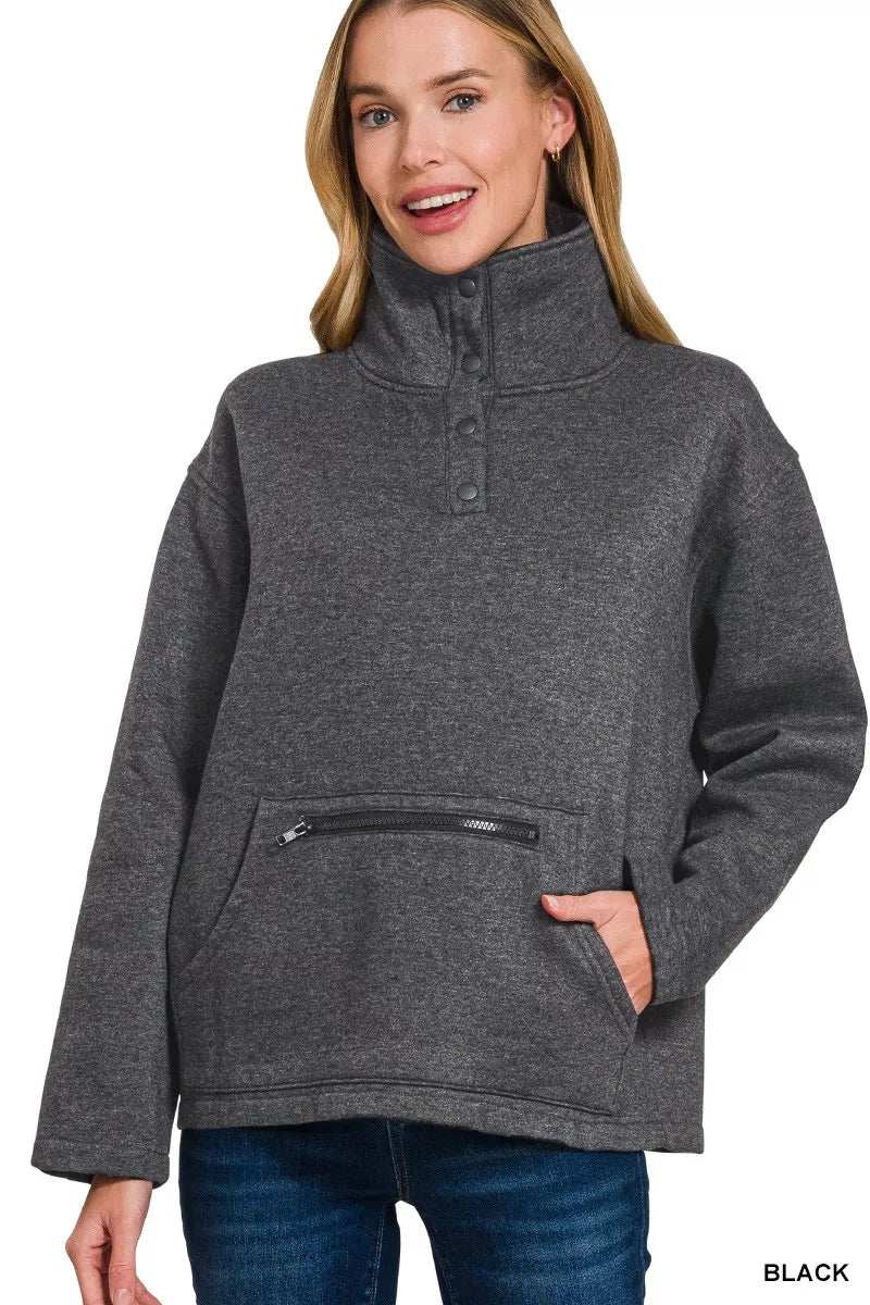 Zenana Fleece Washed High Neck Kangaroo Pocket Sweatshirt - Trendsi - Flyclothing LLC