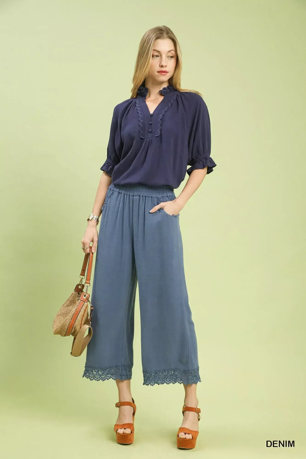 Umgee Linen Wide Leg Cropped Pants with Lace Trim - Trendsi - Flyclothing LLC