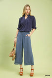 Umgee Linen Wide Leg Cropped Pants with Lace Trim - Trendsi - Flyclothing LLC