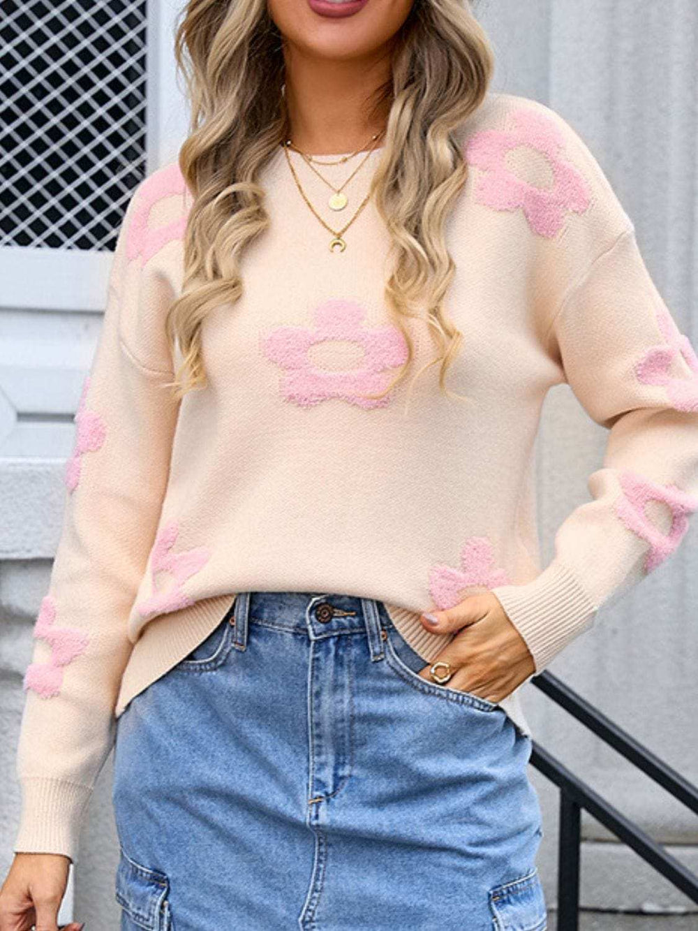 Angel Wings Flower Round Neck Long Sleeve Sweater - Trendsi - Flyclothing LLC