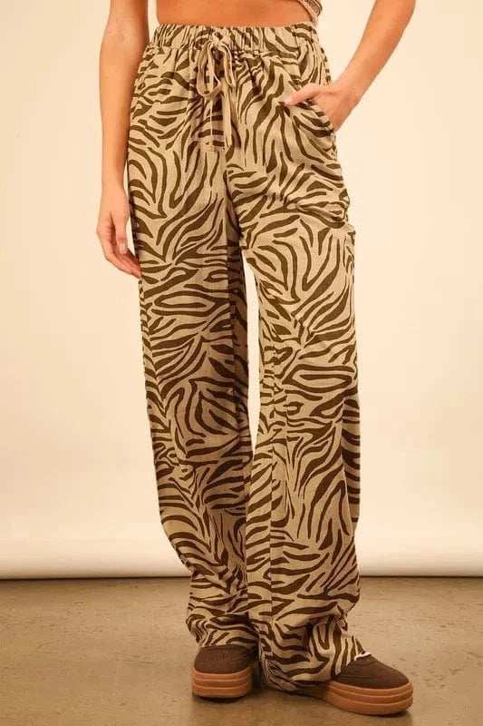 VERY J Animal Print Linen Wide Leg Pants - Trendsi - Flyclothing LLC