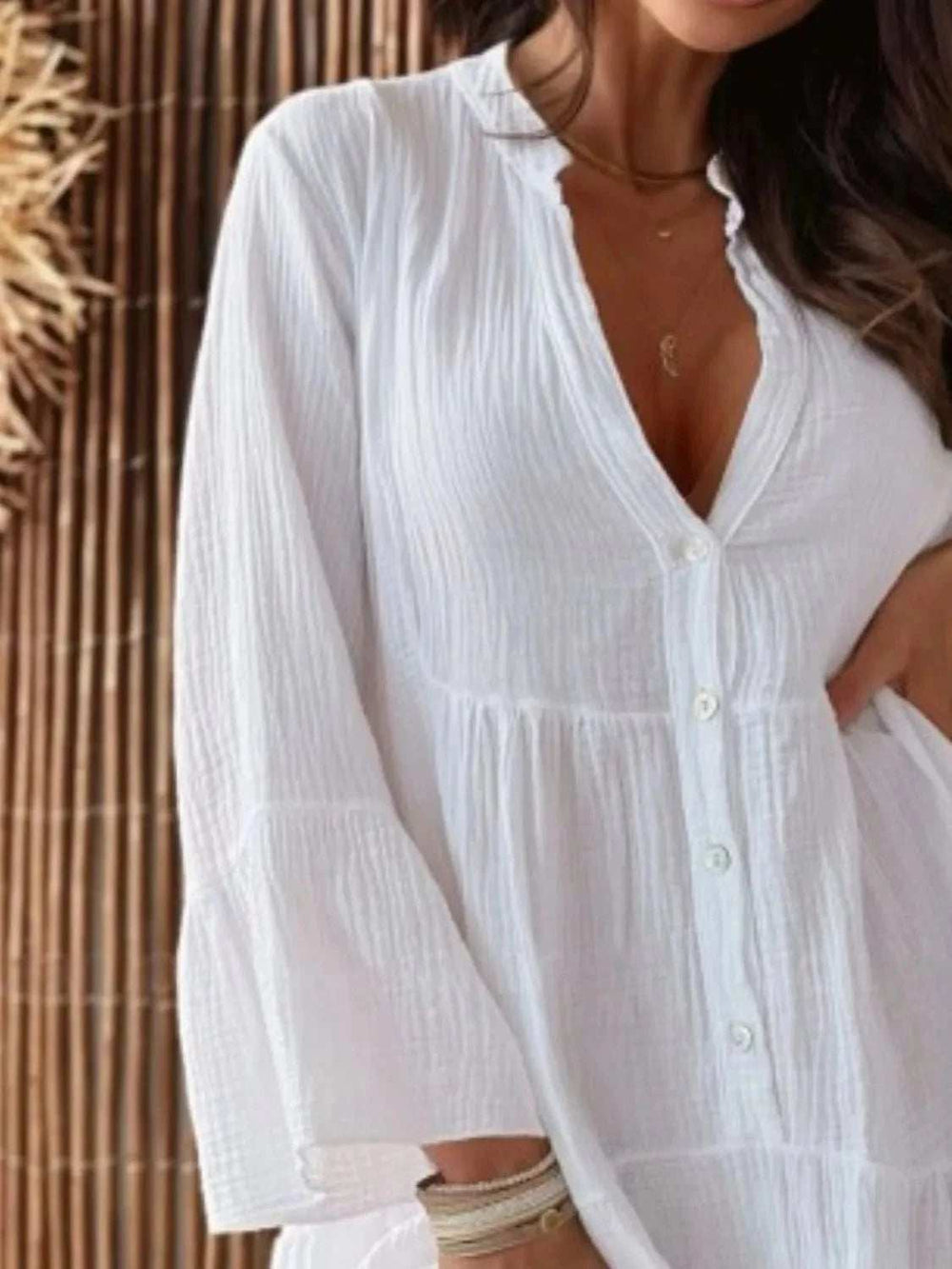 Button Detail Notched Long Sleeve Dress - Trendsi - Flyclothing LLC