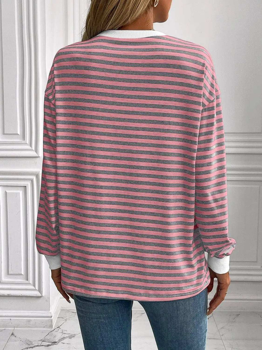 Ivy Lane Striped Round Neck Long Sleeve Sweatshirt - Trendsi - Flyclothing LLC