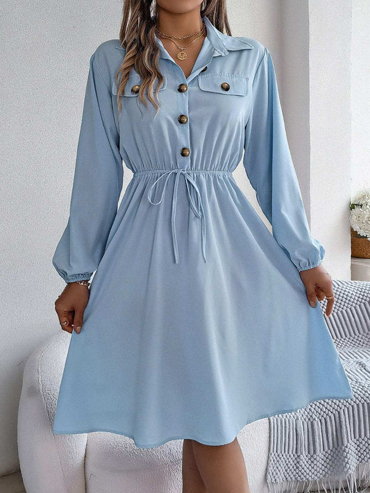 Collared Neck Long Sleeve Dress with Pockets - Trendsi - Flyclothing LLC