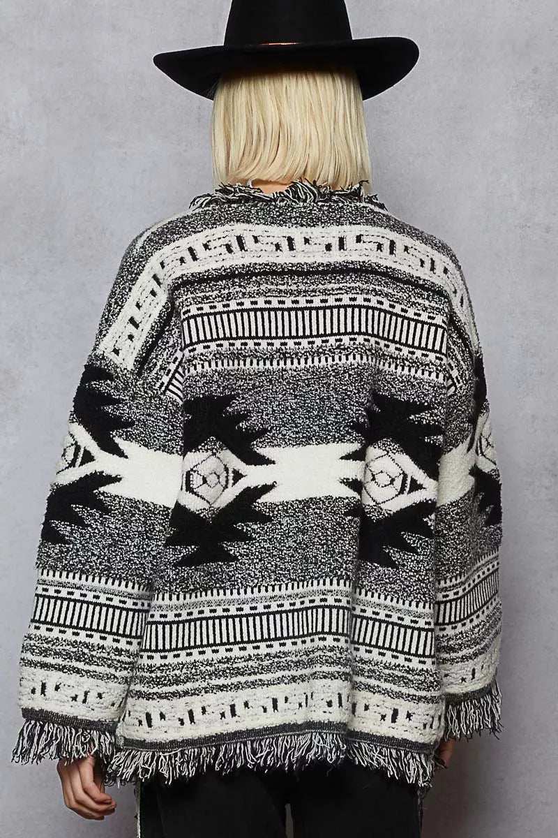 POL Open Front Geometric Print Cardigan with Fringe Detail - Trendsi - Flyclothing LLC