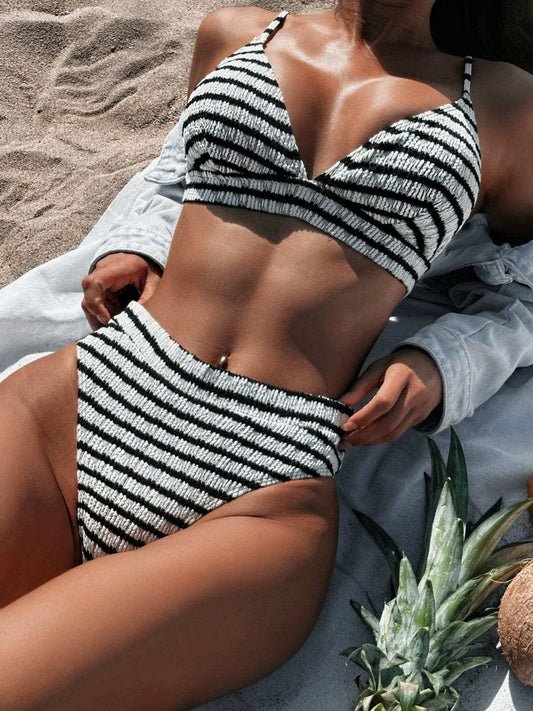 Striped V-Neck Two-Piece Swim Set - Trendsi - Flyclothing LLC