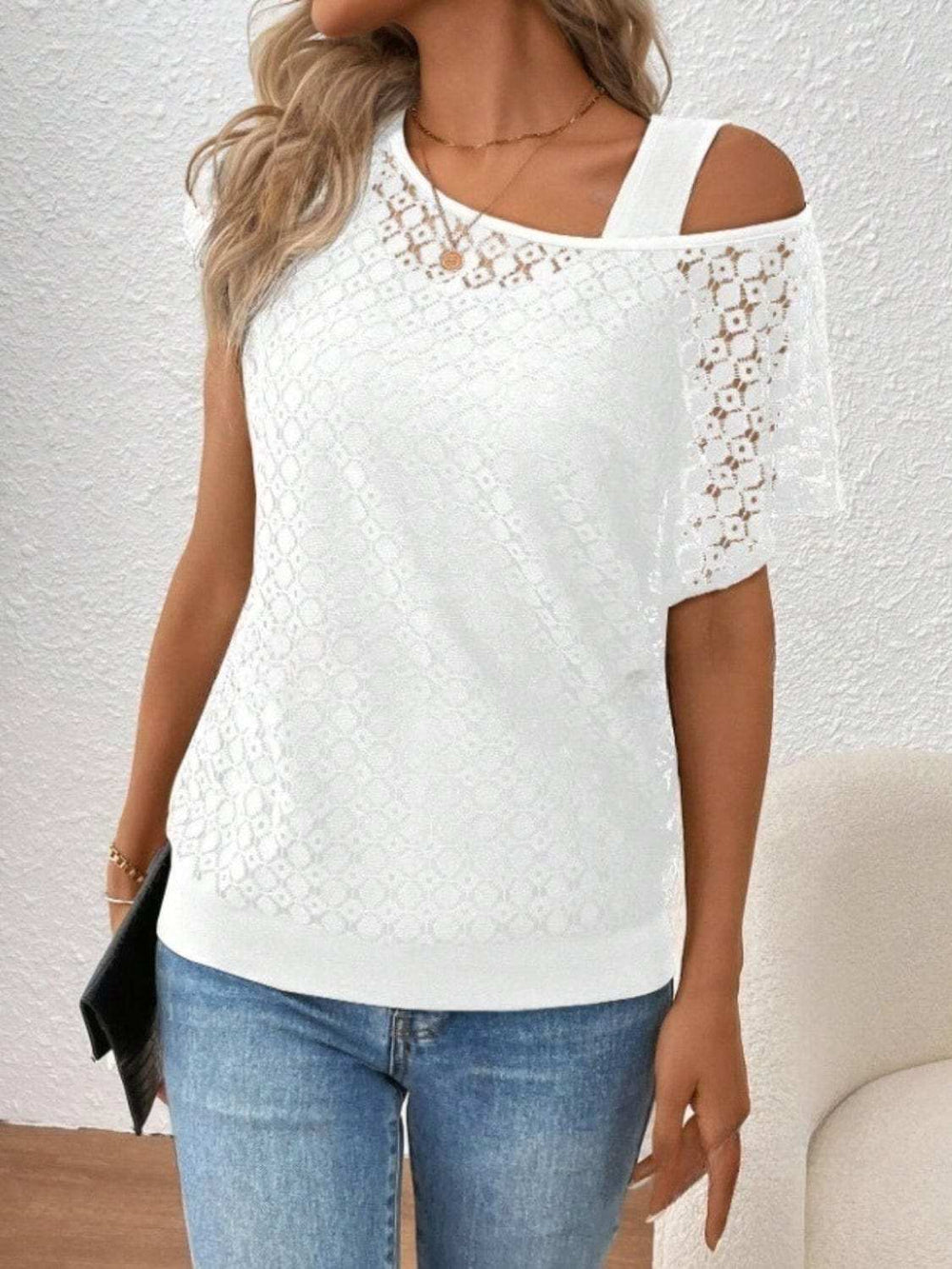 Lace Short Sleeve Fake Two Piece T-Shirt - Trendsi - Flyclothing LLC