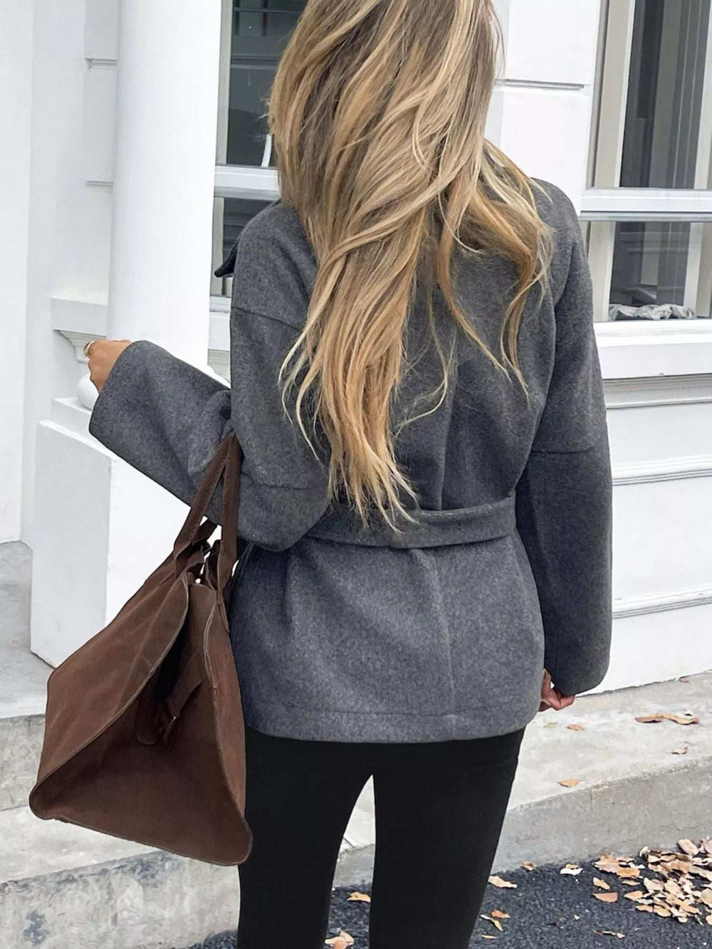 Tie Waist Wool Blend Outerwear - Trendsi - Flyclothing LLC