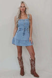 Ruffled Hem Button Front Square Neck Denim Dress - Trendsi - Flyclothing LLC