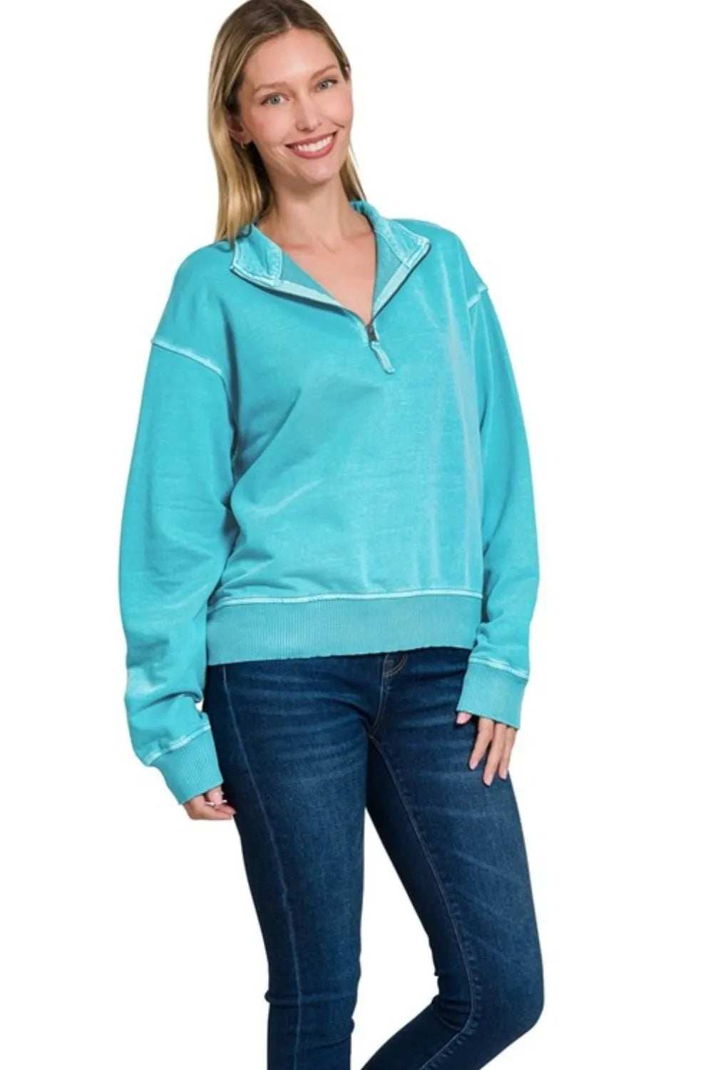 Zenana F/terry Pigment Dye & Enzyme Washing Half Zip Top - Trendsi - Flyclothing LLC