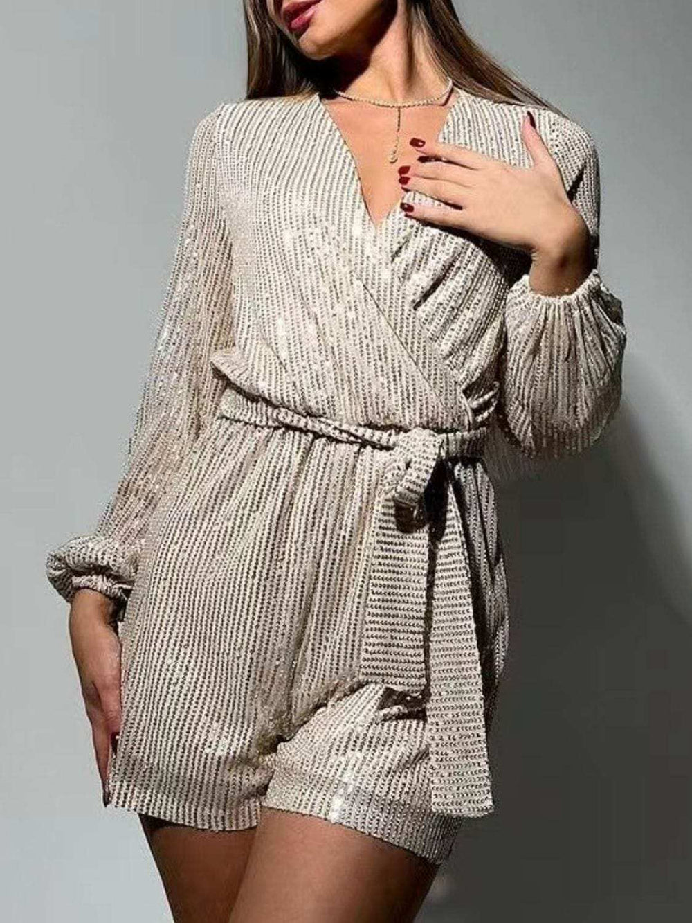 Full Size Sequin Surplice Tie Waist Long Sleeve Romper - Trendsi - Flyclothing LLC