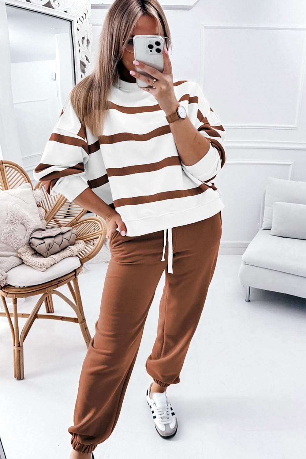 Striped Round Neck Long Sleeve Top and Pants Set - Trendsi - Flyclothing LLC