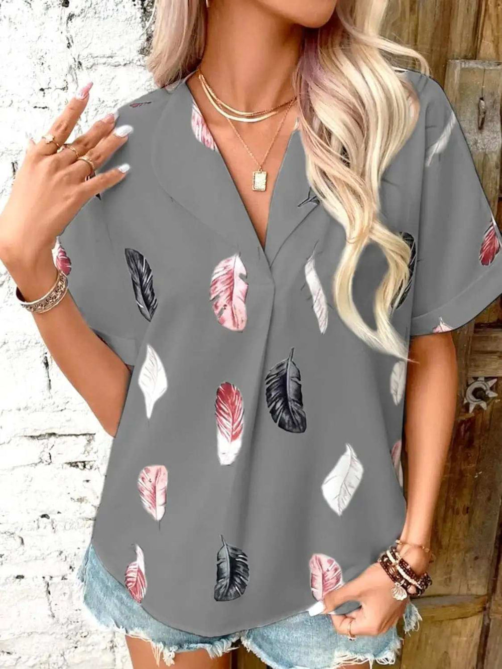 Full Size Printed Collared Neck Short Sleeve Blouse - Trendsi - Flyclothing LLC