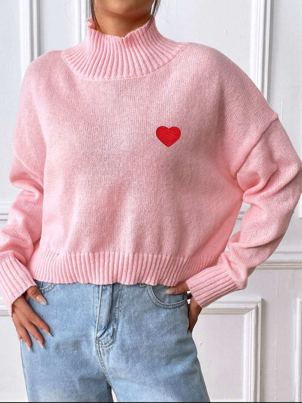 Heart Turtleneck Long Sleeve Sweater - Trendsi - Flyclothing LLC