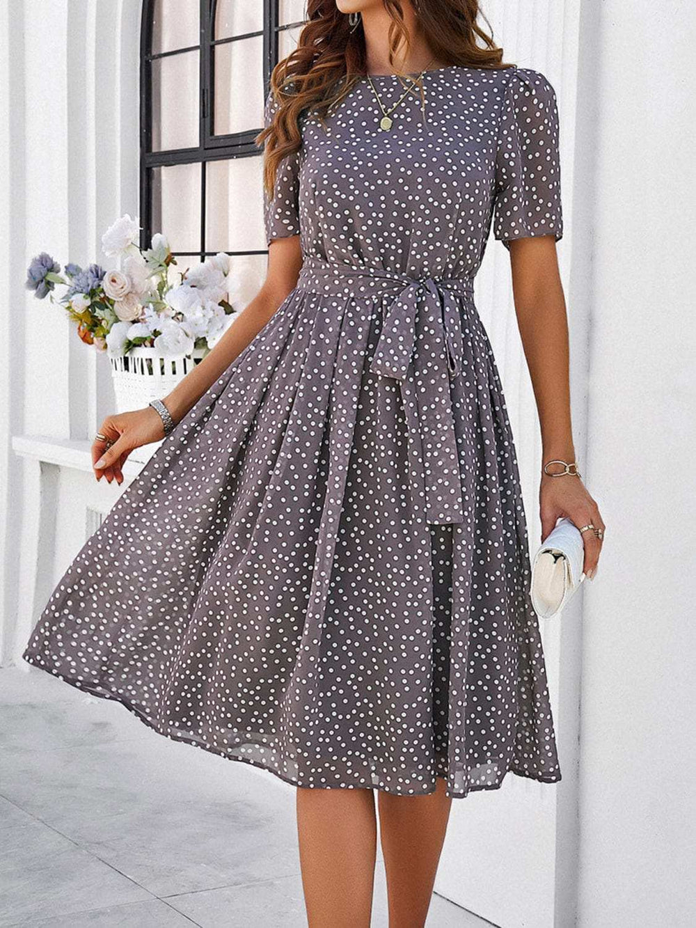 Printed Round Neck Short Sleeve Dress - Trendsi - Flyclothing LLC