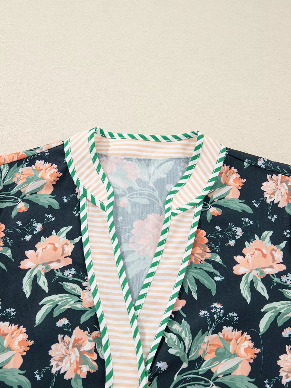 Floral Print Striped Trim V Neck Long Sleeve Ruffle Hem Shift Mini Dress - Trendsi - Flyclothing LLC