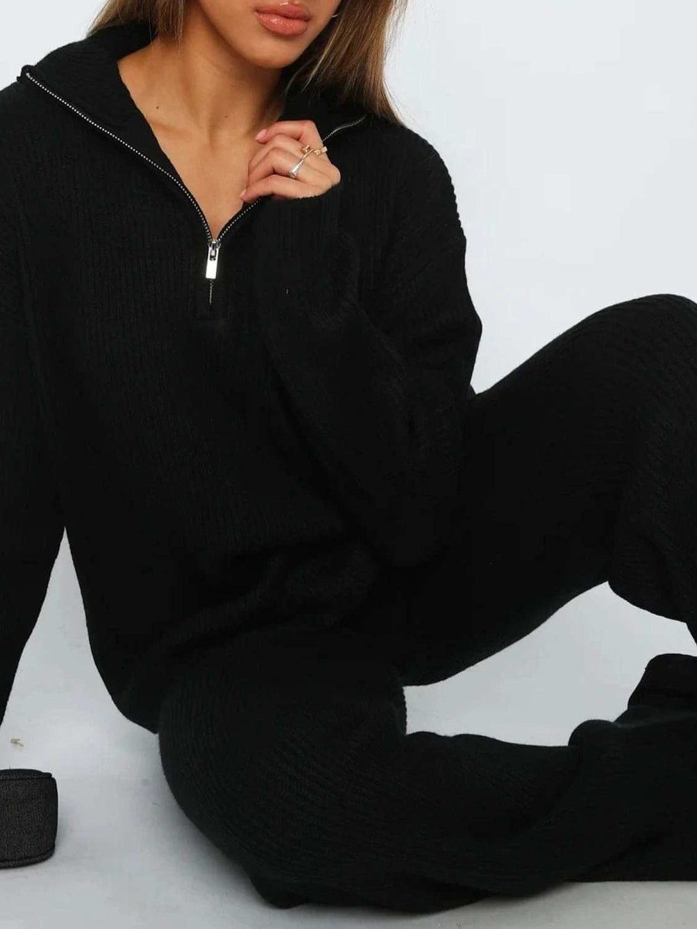 Quarter Zip Long Sleeve Top and Pants Set - Trendsi - Flyclothing LLC