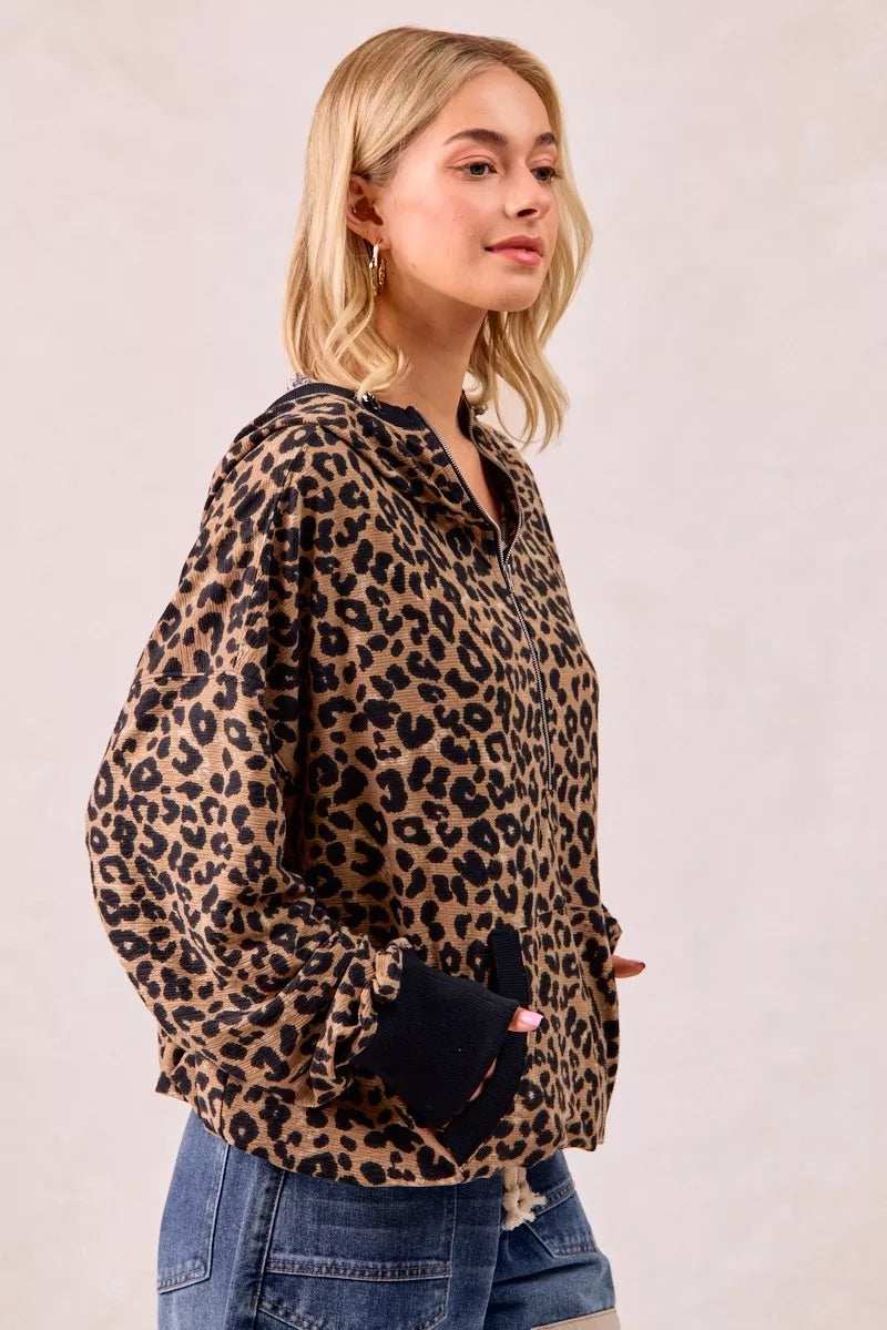 BiBi Leopard Print Waffle Half Zip Up Hoodie W Pocket - Trendsi - Flyclothing LLC