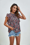 Ruffled Ditsy Floral Mock Neck Cap Sleeve Blouse - Trendsi - Flyclothing LLC