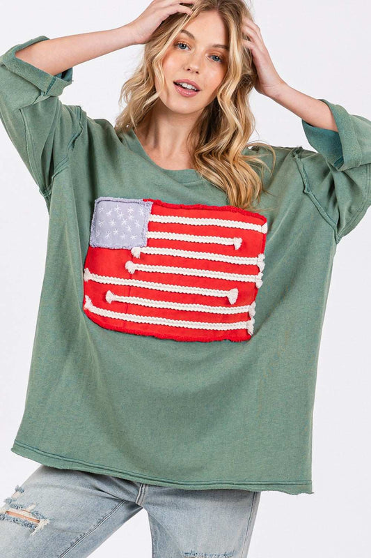 SAGE + FIG Full Size American Flag Patch Drop Shoulder T-Shirt - Trendsi - Flyclothing LLC