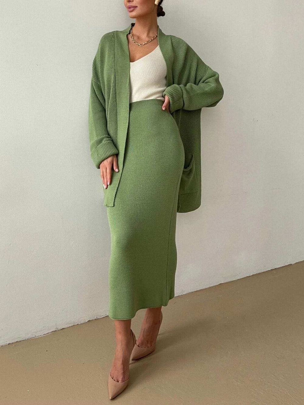 Pocketed Long Sleeve Cardigan and Skirt Sweater Set - Trendsi - Flyclothing LLC