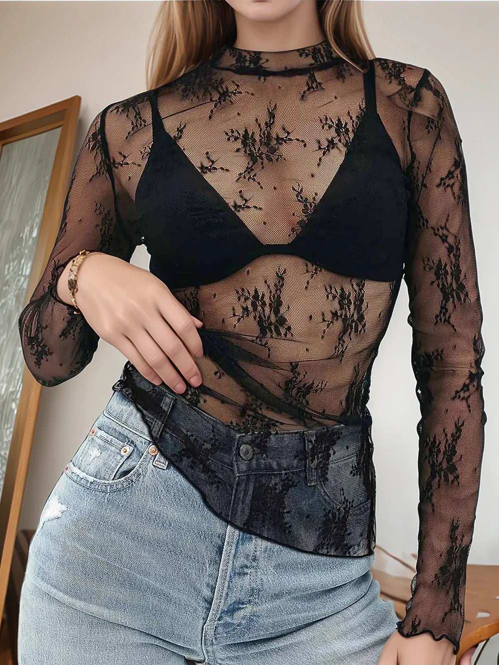 Floral Mock Neck Long Sleeve Mesh Top - Trendsi - Flyclothing LLC