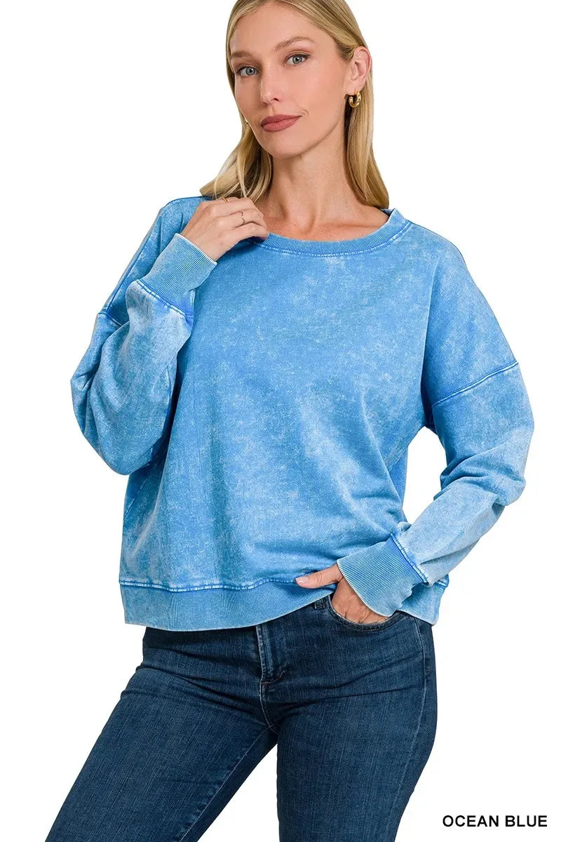 Zenana French Terry Acid Wash Boat Neck Sweatshirt - Trendsi - Flyclothing LLC