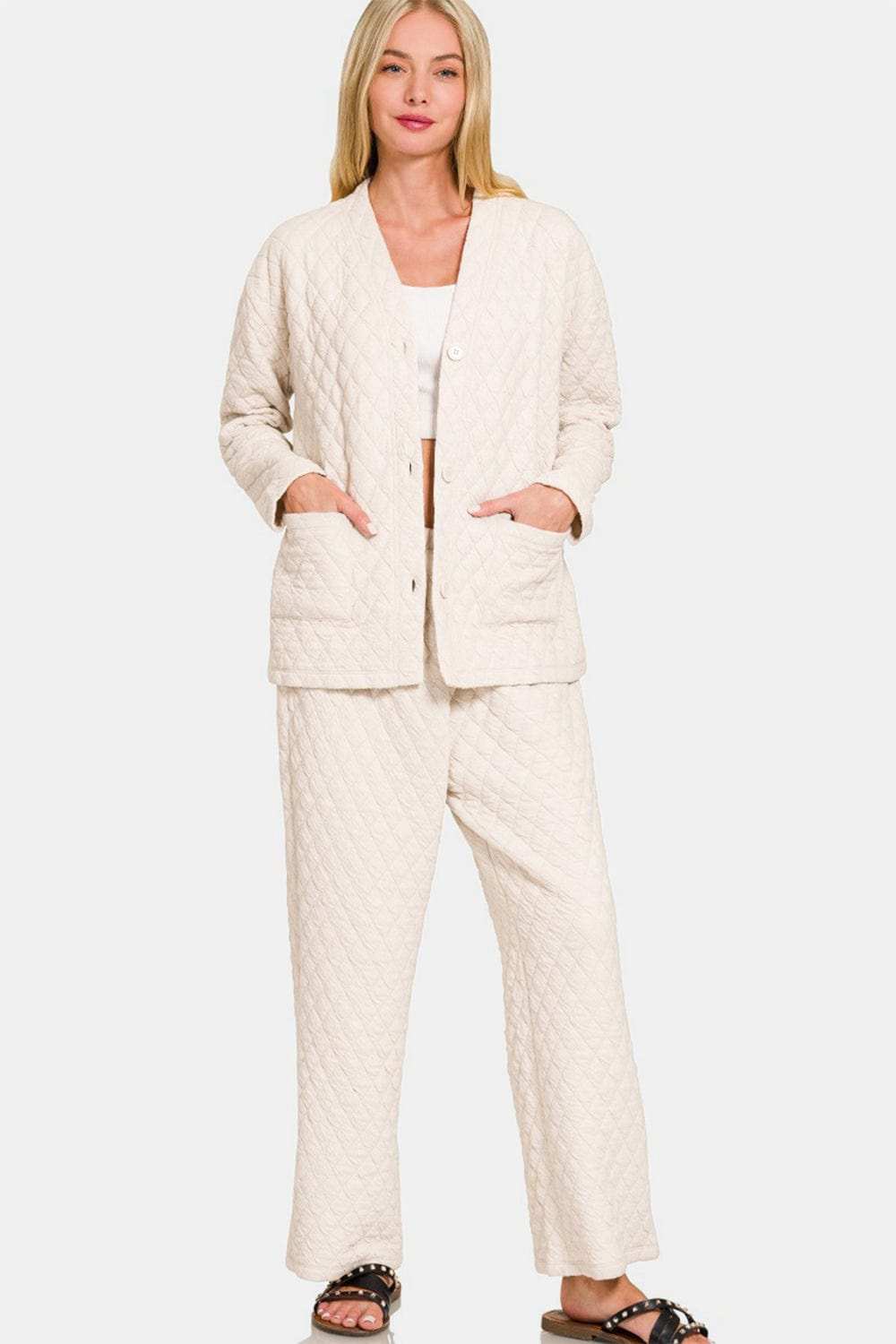 Zenana Quilted Button Up Long Sleeve Top and Pants Lounge Set - Trendsi - Flyclothing LLC