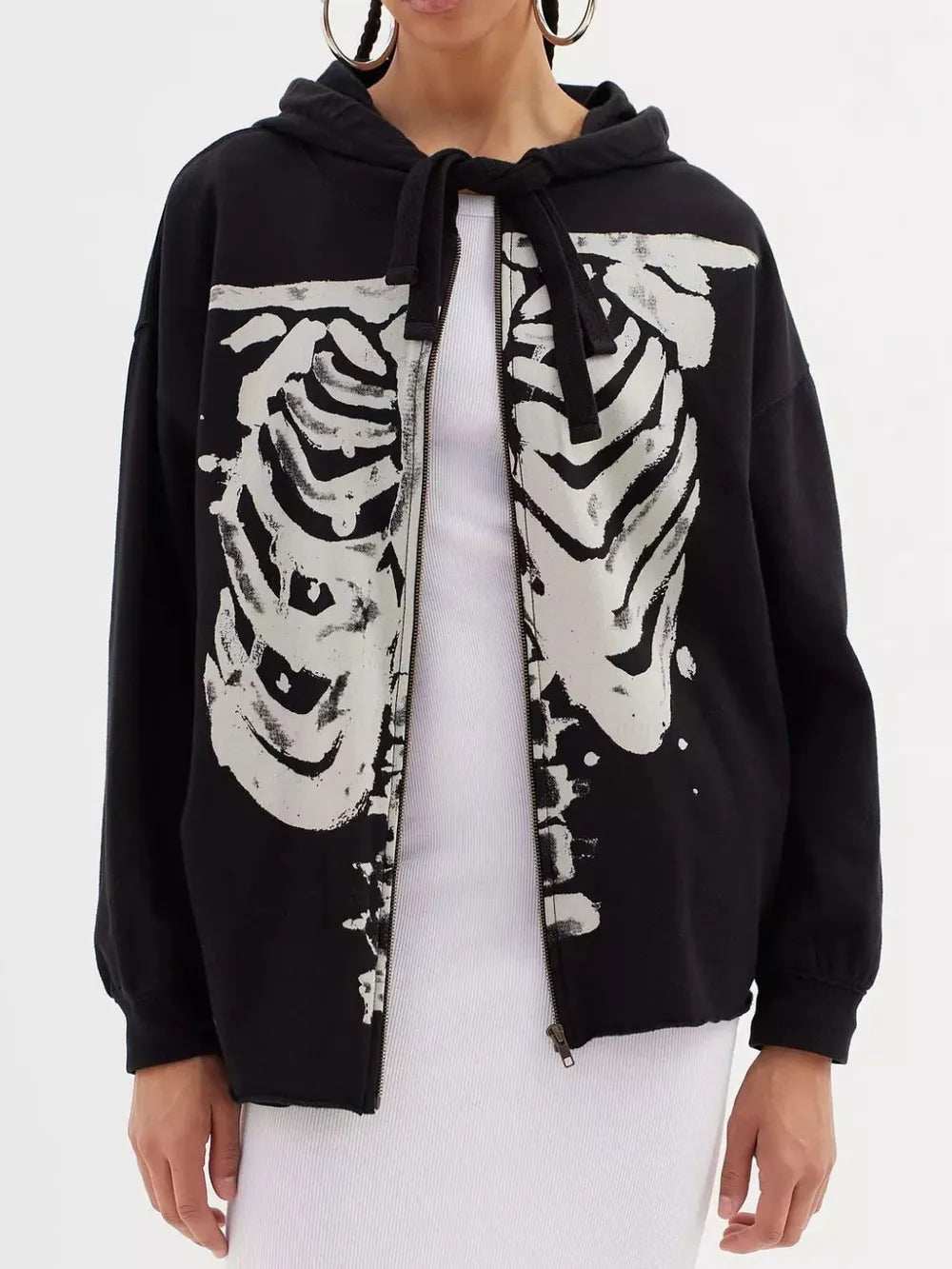 Skeleton Zip Up Drawstring Hoodie - Trendsi - Flyclothing LLC