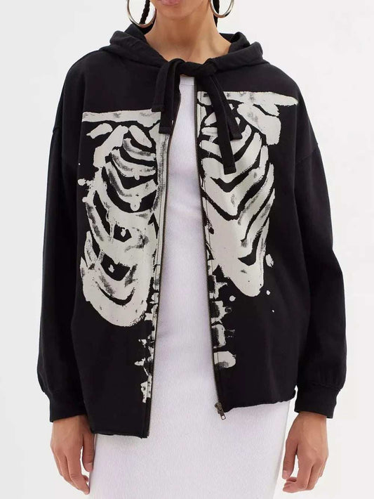 Skeleton Zip Up Drawstring Hoodie - Trendsi - Flyclothing LLC