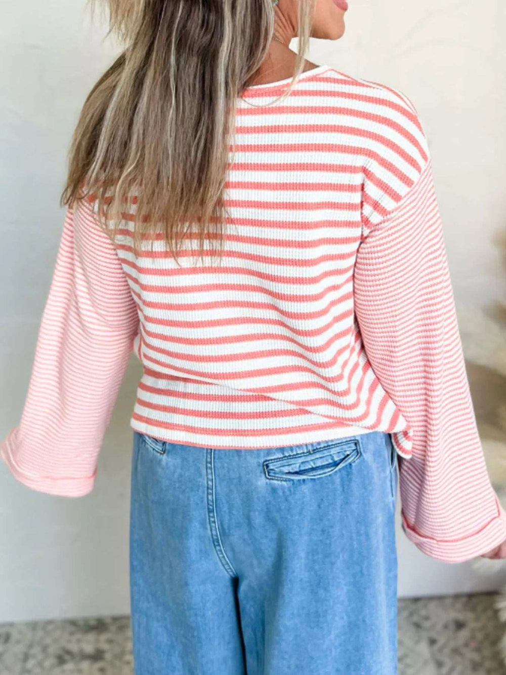 Striped Long Sleeve Ribbed Blouse - Trendsi - Flyclothing LLC