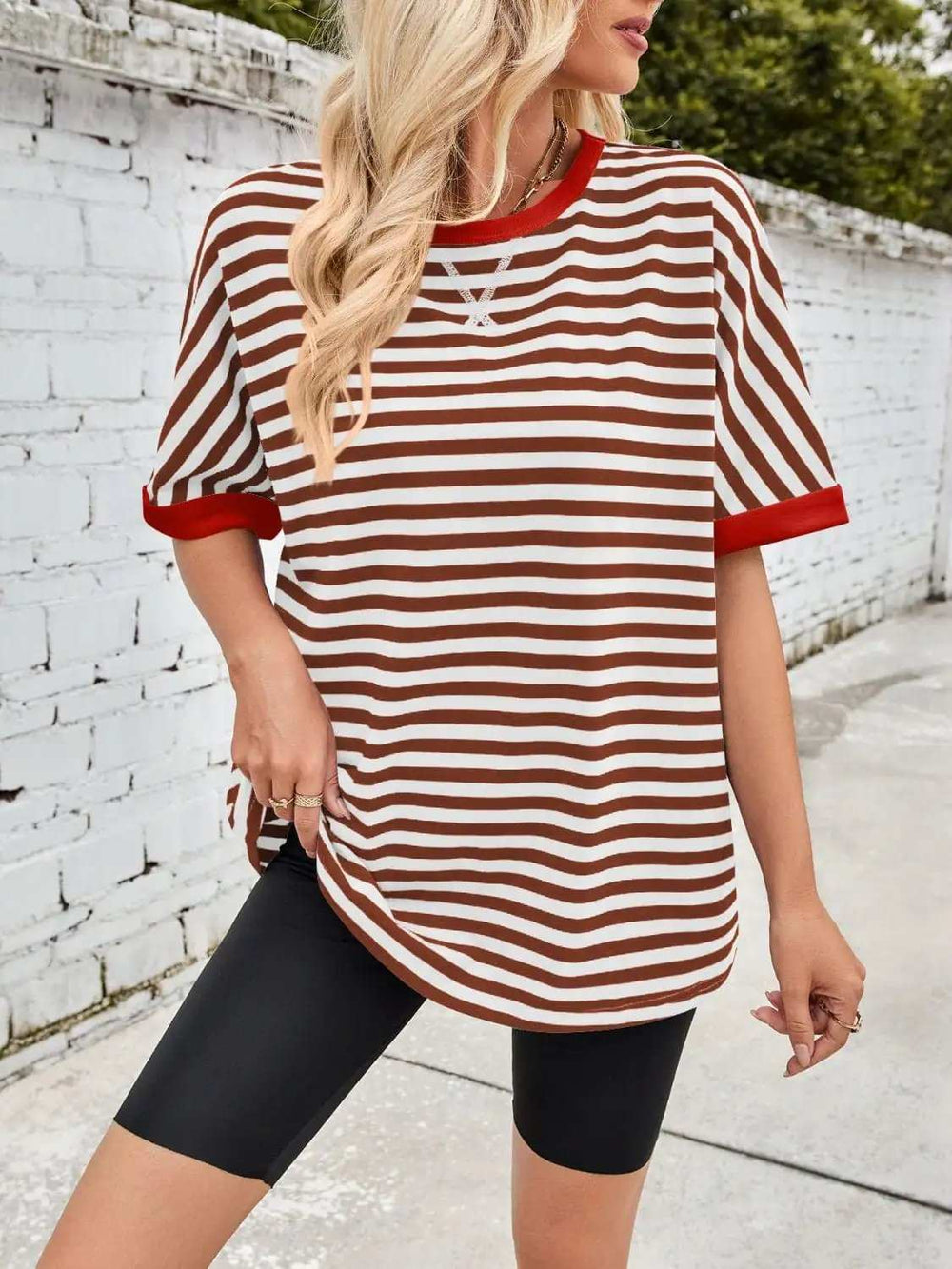 Lovelet Striped Round Neck Half Sleeve T-Shirt - Trendsi - Flyclothing LLC