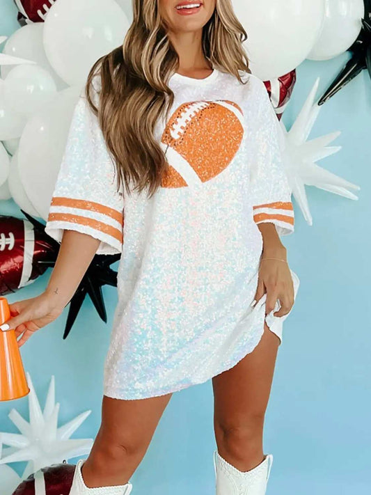 Sequin Football Round Neck Half Sleeve Oversize Top - Trendsi - Flyclothing LLC