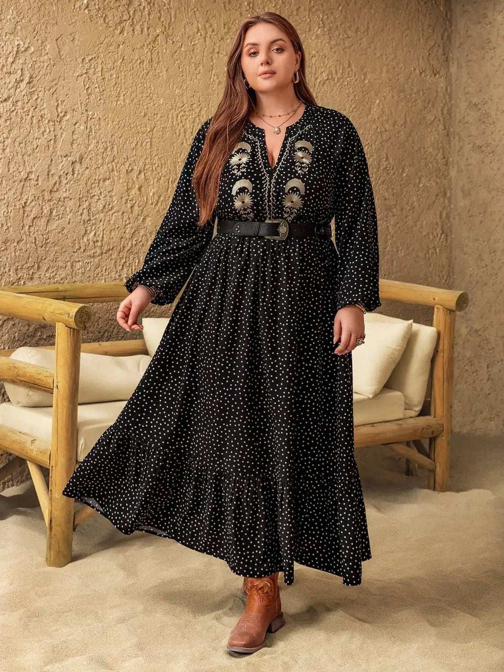 Plus Size Embroidered Polka Dot Notched Long Sleeve Dress - Trendsi - Flyclothing LLC