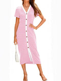 Contrast Striped V-Neck Short Sleeve Midi Dress - Trendsi - Flyclothing LLC