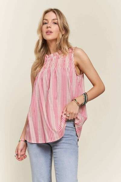 ADORA Contrast Striped Frill Round Neck Sleeveless Top - Trendsi - Flyclothing LLC