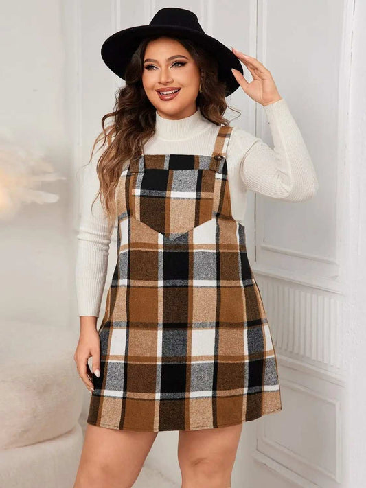 Plus Size Plaid Wide Strap Overall Dress - Trendsi - Flyclothing LLC