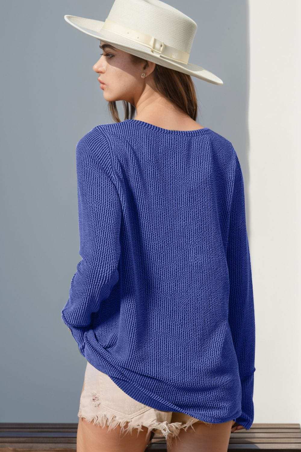 Double Take Full Size Notched Thumbhole Long Sleeve T-Shirt - Trendsi - Flyclothing LLC