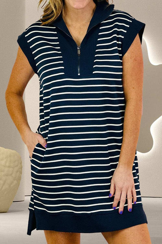 Slit Striped Collared Neck Cap Sleeve Mini Dress - Trendsi - Flyclothing LLC