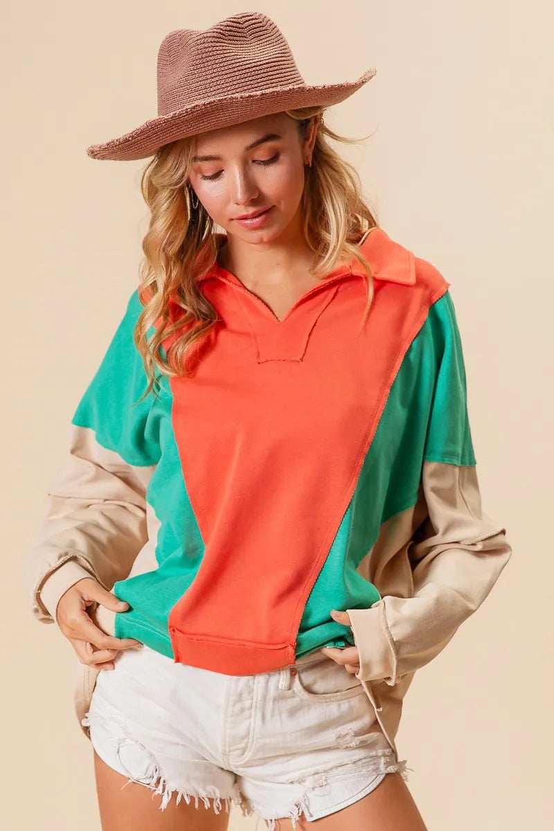 BiBi Colorblock Exposed Seam French Terry Sweatshirt - Trendsi - Flyclothing LLC