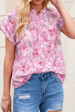 Floral Half Button Round Neck Short Sleeve Blouse - Trendsi - Flyclothing LLC