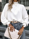 Smocked Frill Mock Neck Long Sleeve Blouse - Trendsi - Flyclothing LLC