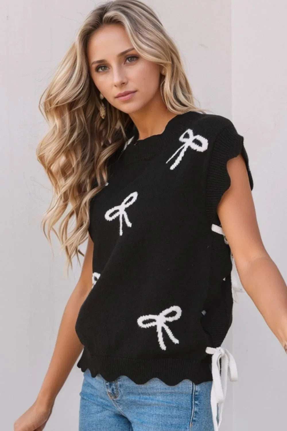 Bow Side Ties Scalloped Hem Cap Sleeve Sweater - Trendsi - Flyclothing LLC