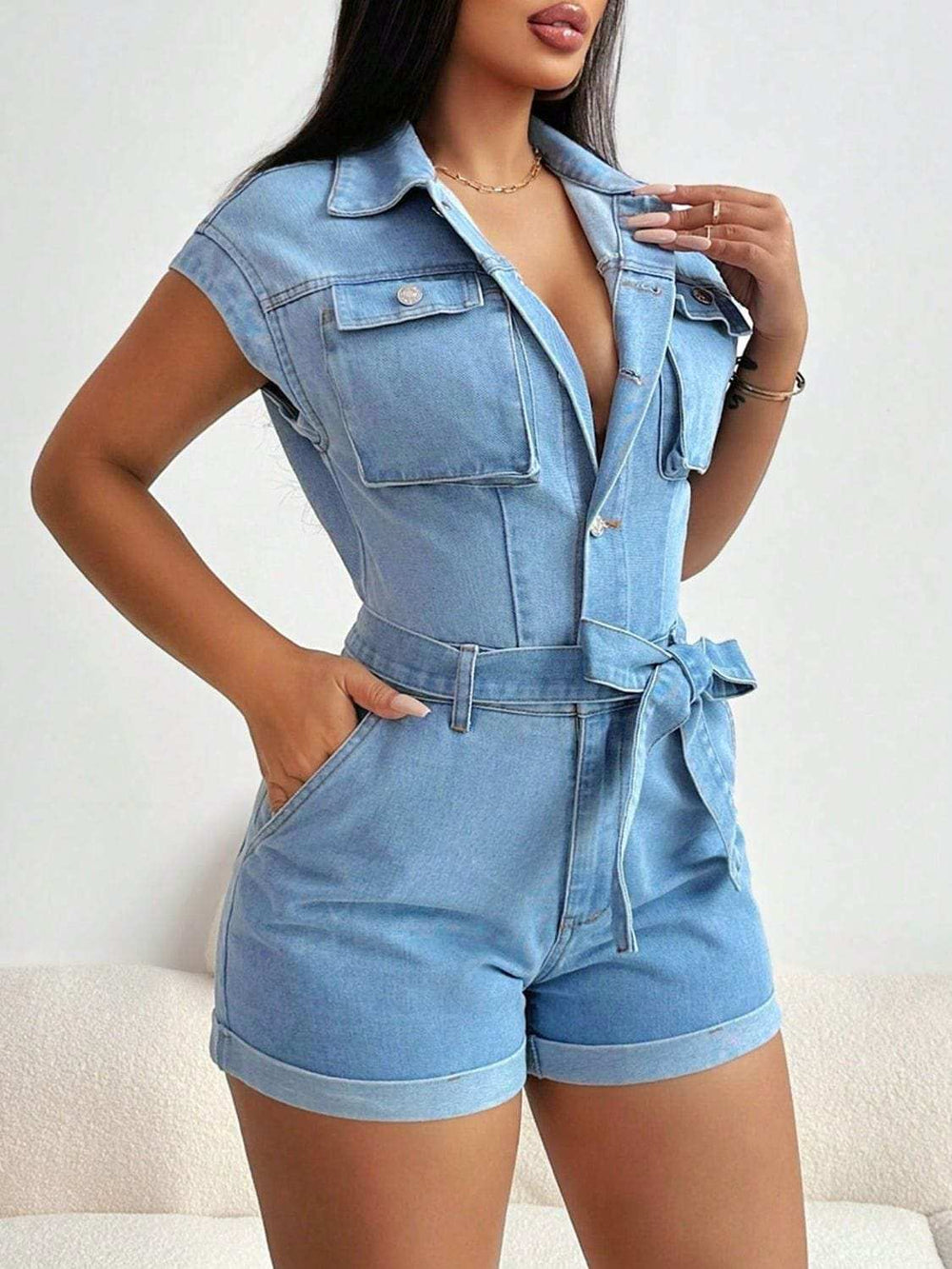 Tie Waist Cap Sleeve Denim Romper - Trendsi - Flyclothing LLC