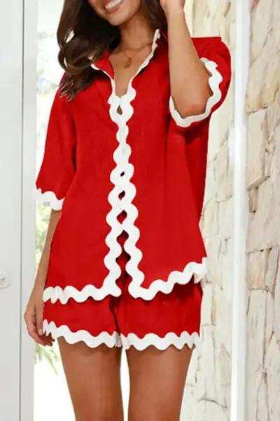 Contrast Trim Half Sleeve Top and Shorts Set - Trendsi - Flyclothing LLC