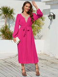 V-Neck Long Sleeve Pleated Dress - Trendsi - Flyclothing LLC