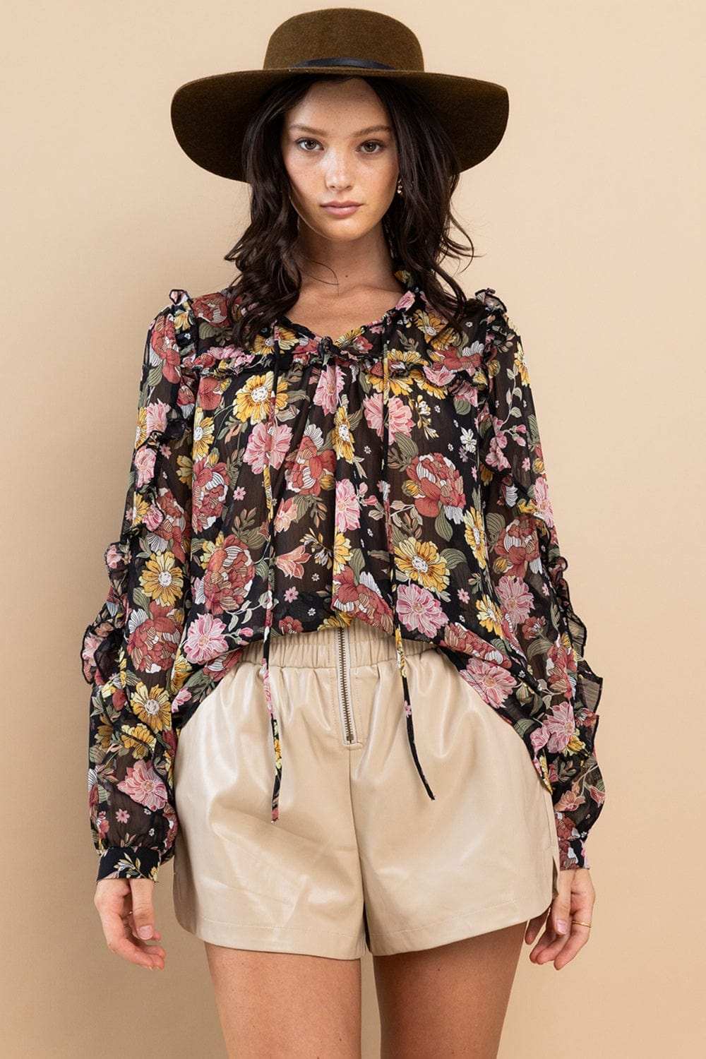 Ces Femme Ruffle Trim Long Sleeve Floral Blouse - Trendsi - Flyclothing LLC